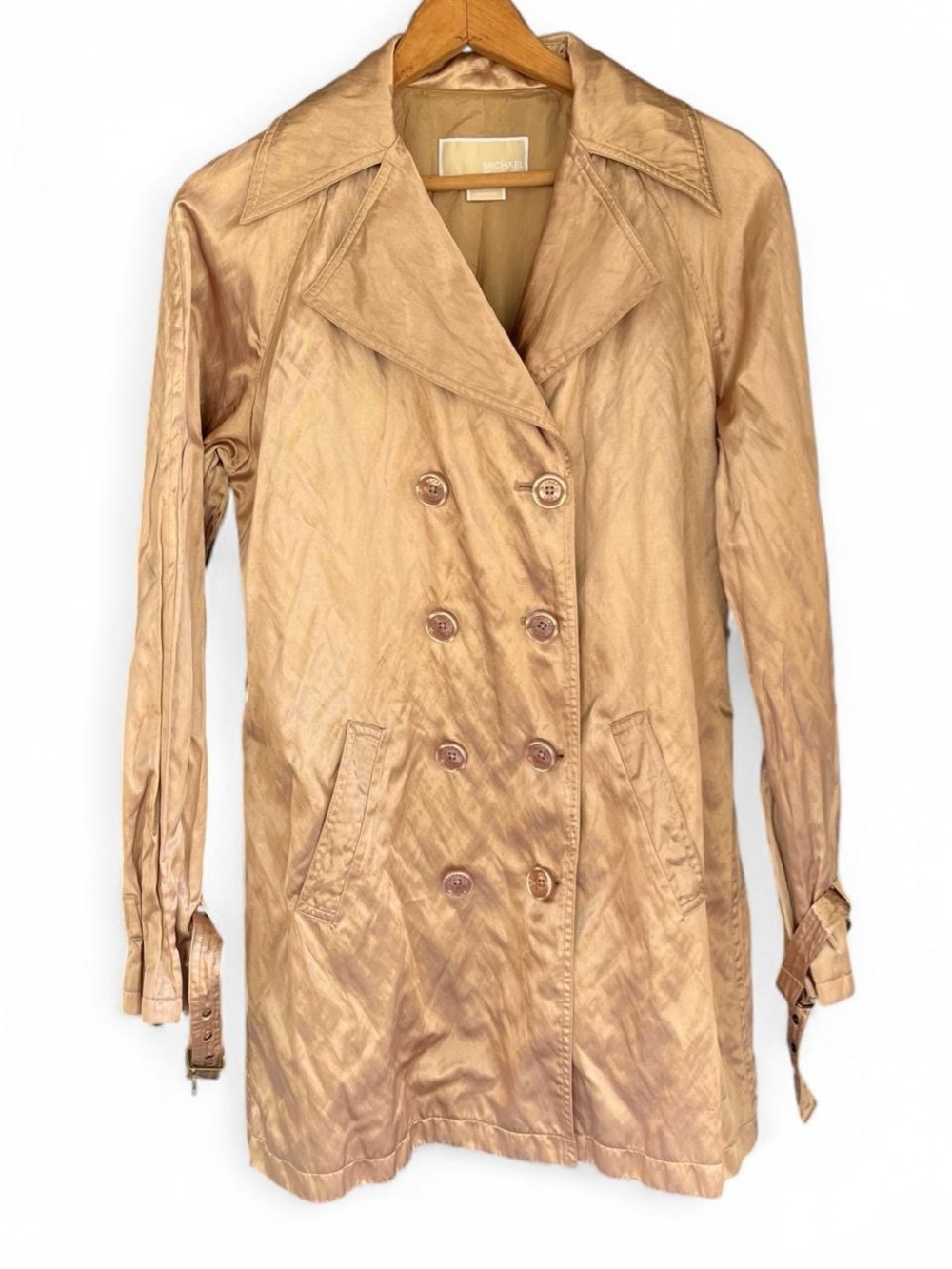 Michael Kors Gold Metallic Camel Double-Breasted Trench Coat Statement Jacket